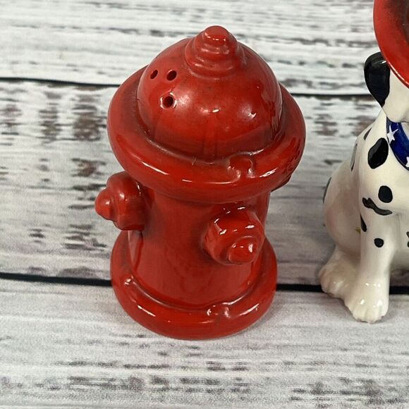 Dalmatian Dog Fire Hydrant Fireman Magnetic Salt & Pepper Shakers 3pc Set - Picture 4 of 10